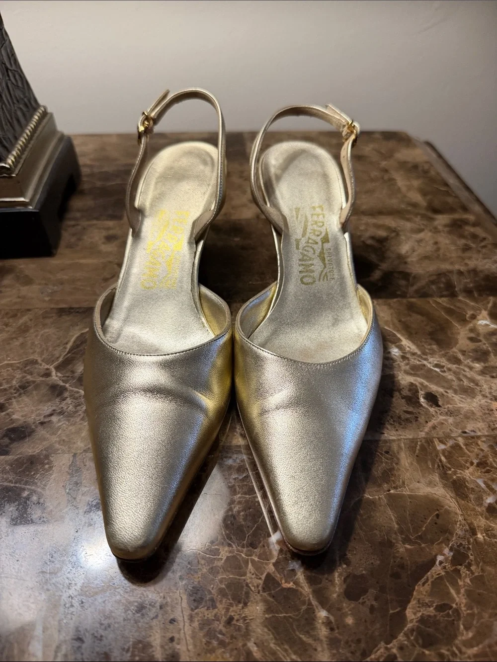 Salvatore Ferragamo Metallic Gold Pointed-Toe Slingback Heels - Picture 2 of 10